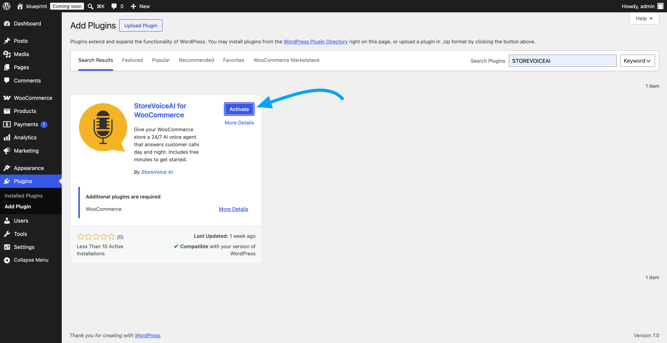 StoreVoiceAI plugin showing Activate button