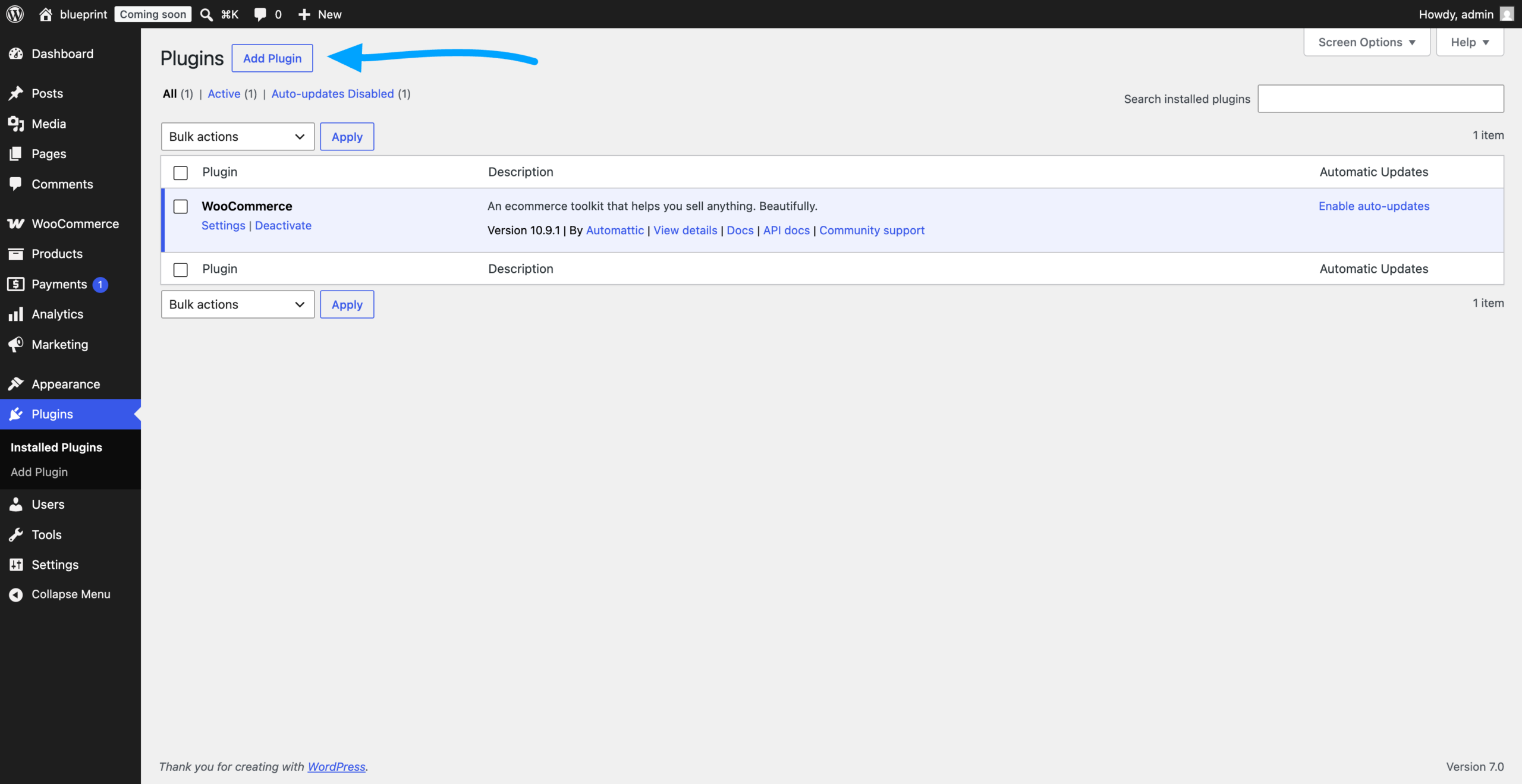 WordPress plugins page showing Add Plugin button