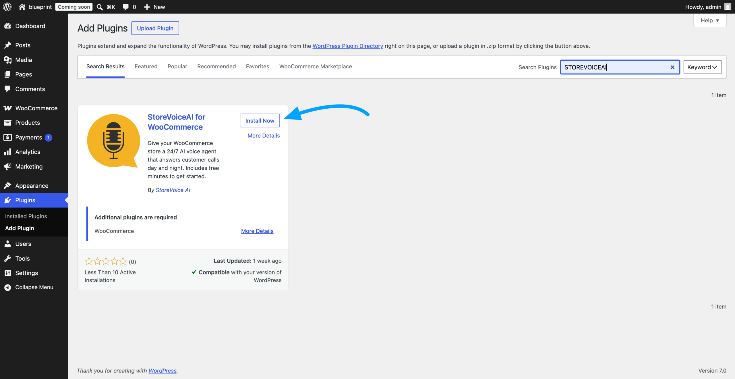 StoreVoiceAI plugin search result showing Install Now button