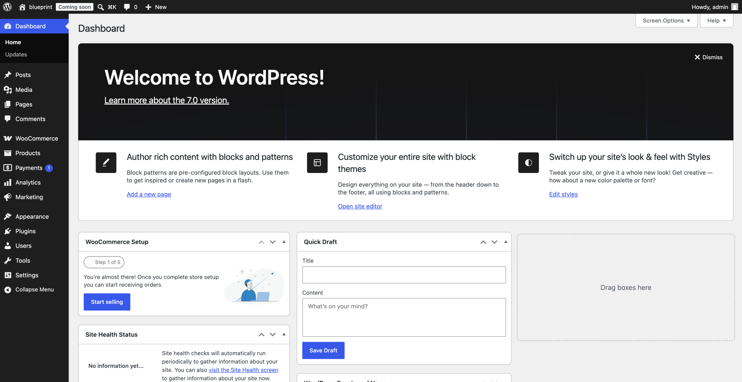 WordPress dashboard main screen